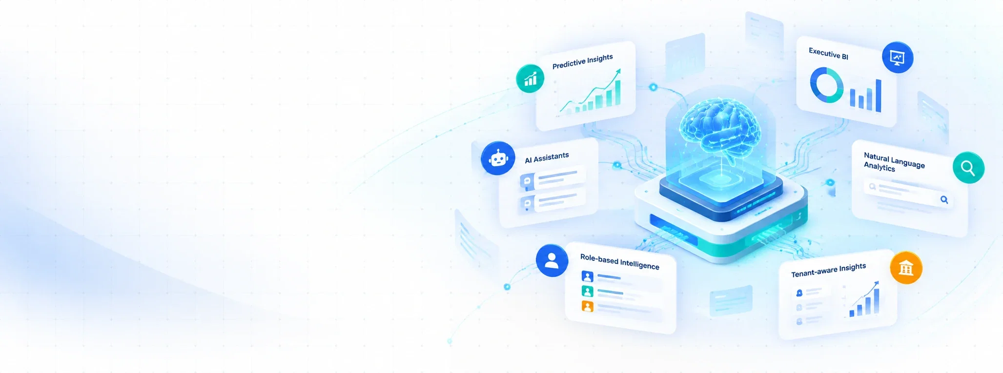 AI core linked to predictive insights, executive BI, AI assistants, natural language analytics, role-based and tenant-aware insights